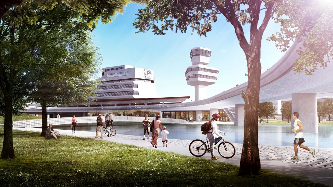 Visualisierung The Urban Tech Republic auf dem Gelände des früheren Flughafens Berlin-Tegel in Berlin, Deutschland