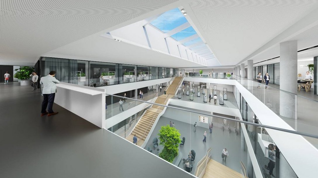 Visualisierung des Foyers im ZEISS Hightech-Standort in Jena, Deutschland 