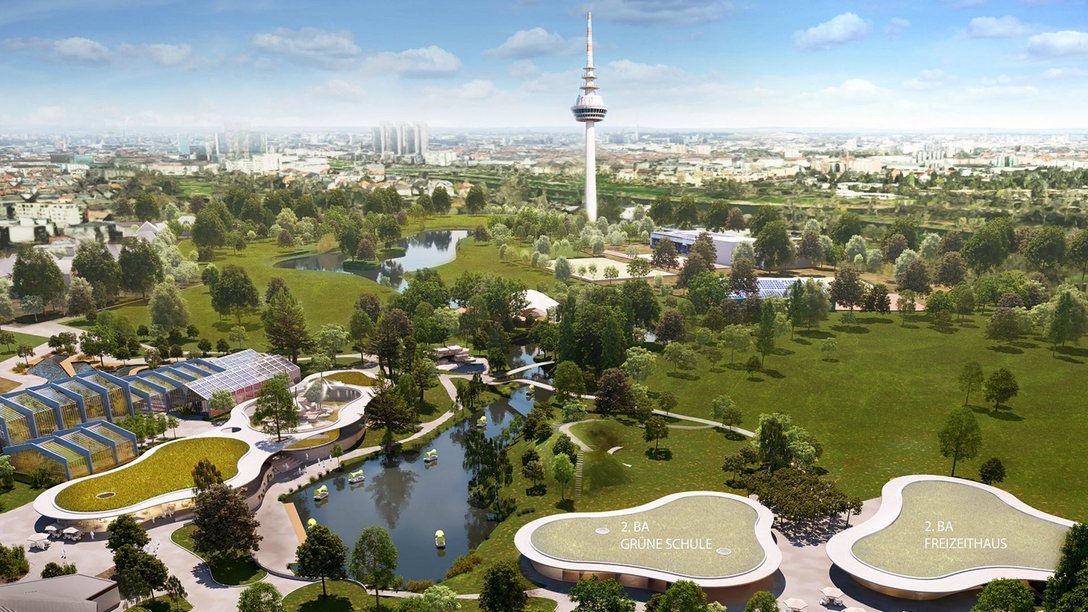 Visualisierung einer Panoramaaufnahme der Neuen Parkmitte des Luisenparks in Mannheim, Deutschland