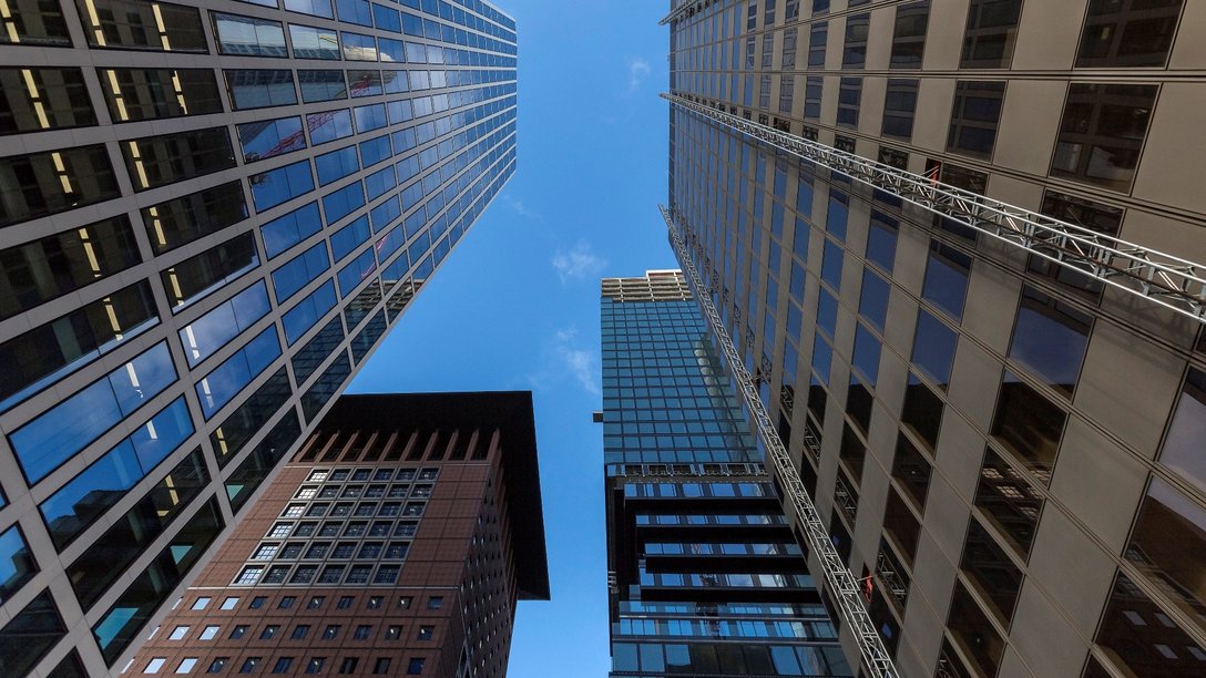 View of the Global Tower in Frankfurt am Main from a frog's-eye perspective