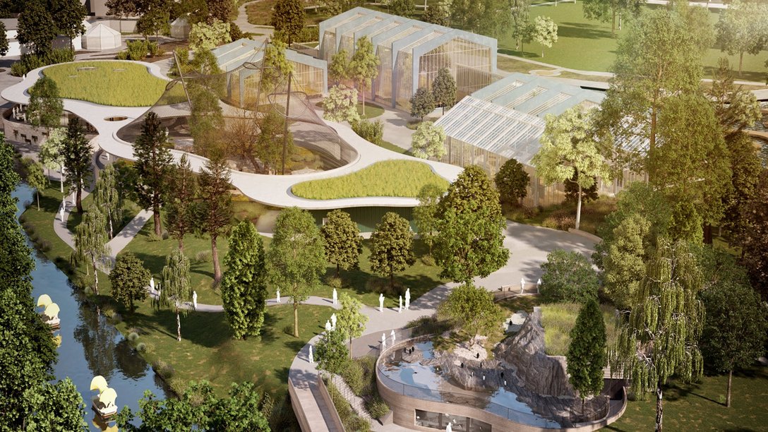 Visualization of a close-up of the new park centre of Luisenpark in Mannheim, Germany