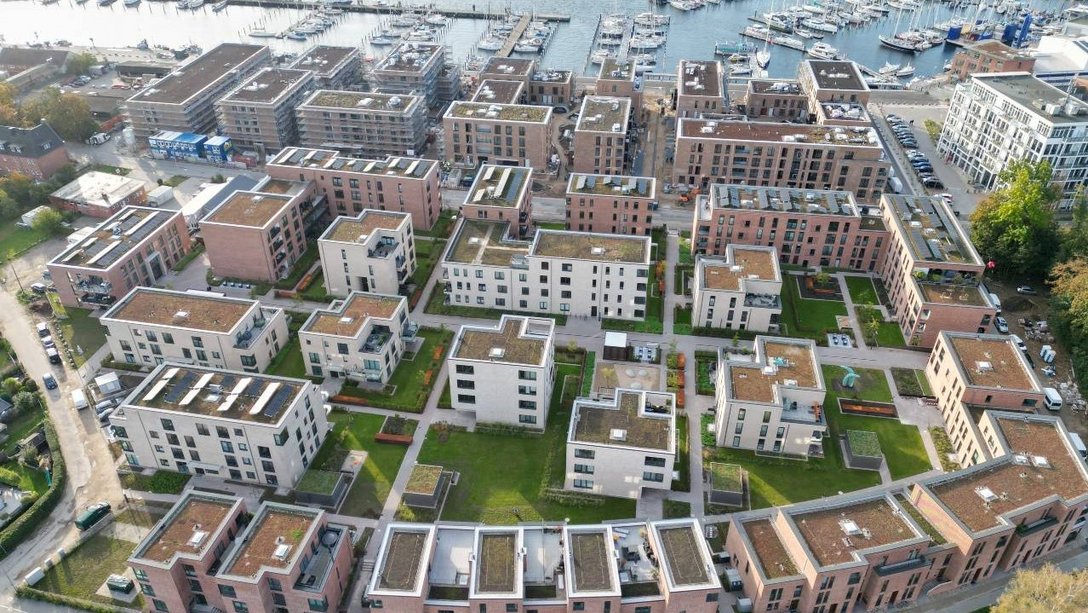 Completed residential quarter Wohnen auf dem Baggersand in Lübeck, Germany