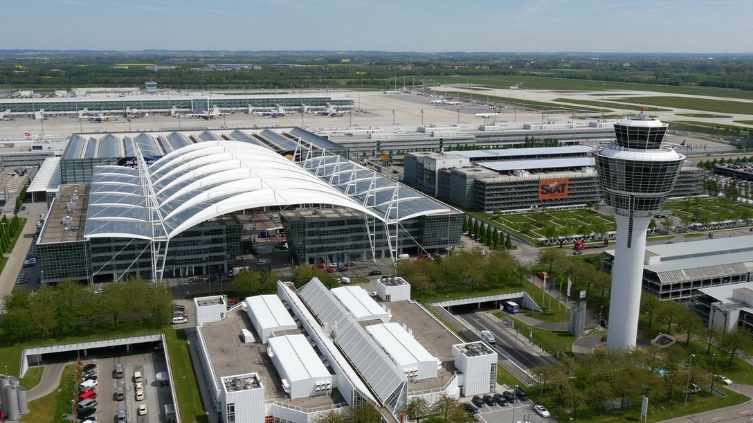 Aerial view of Munich Airport Center and central building in Munich, Germany