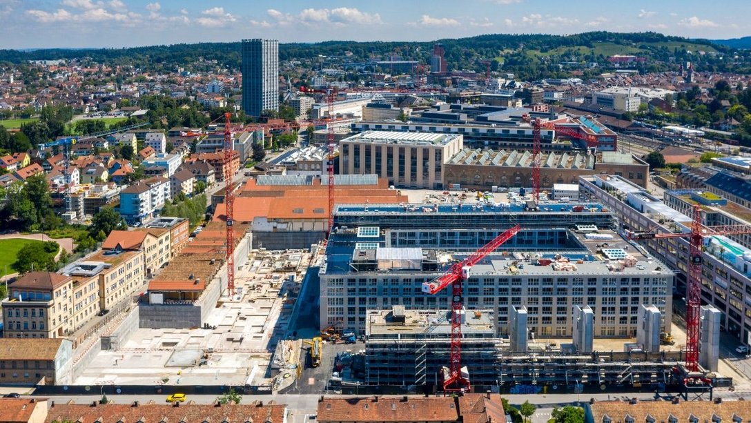 Aerial photograph of the construction site of the Lokstadt area in Winterthur, Switzerland