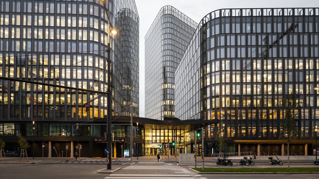 A view of the three office towers of ICON VIENNA in Vienna, Austria