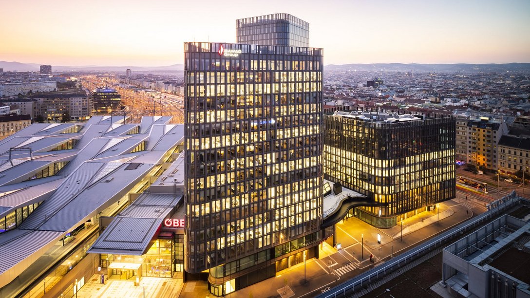 An aerial shot of the ICON VIENNA in Vienna, Austria, at dusk