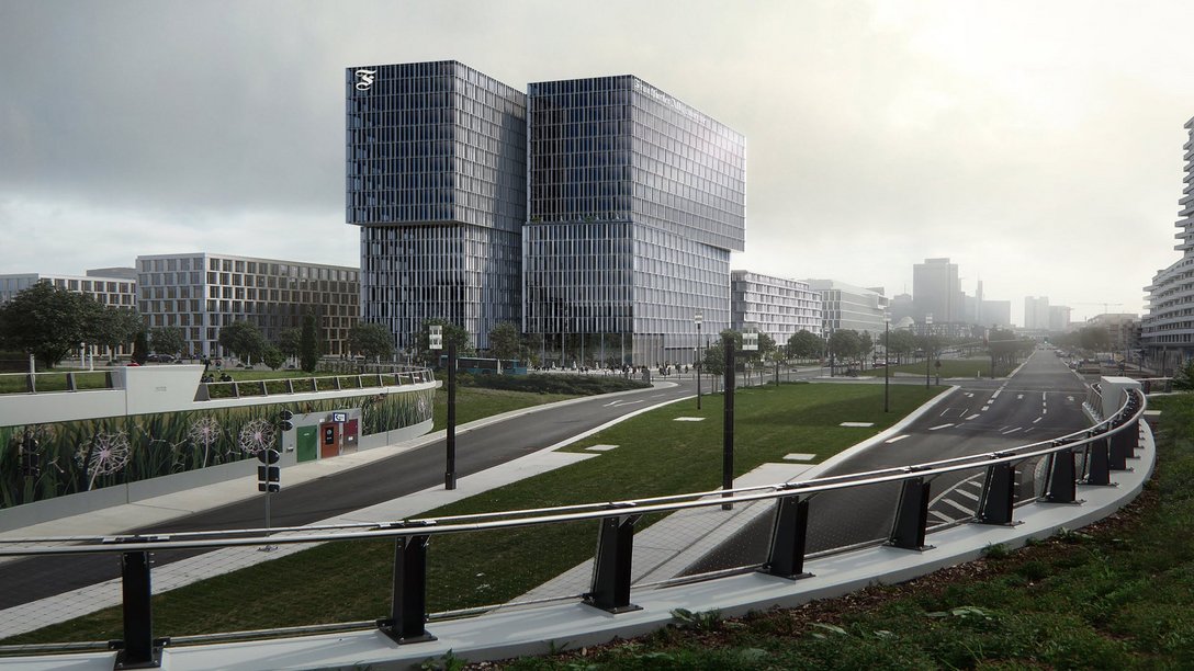 Visualisierung des Europa Towers in Frankfurt am Main, Deutschland, von der gegenüberliegenden Straßenseite aus gesehen 