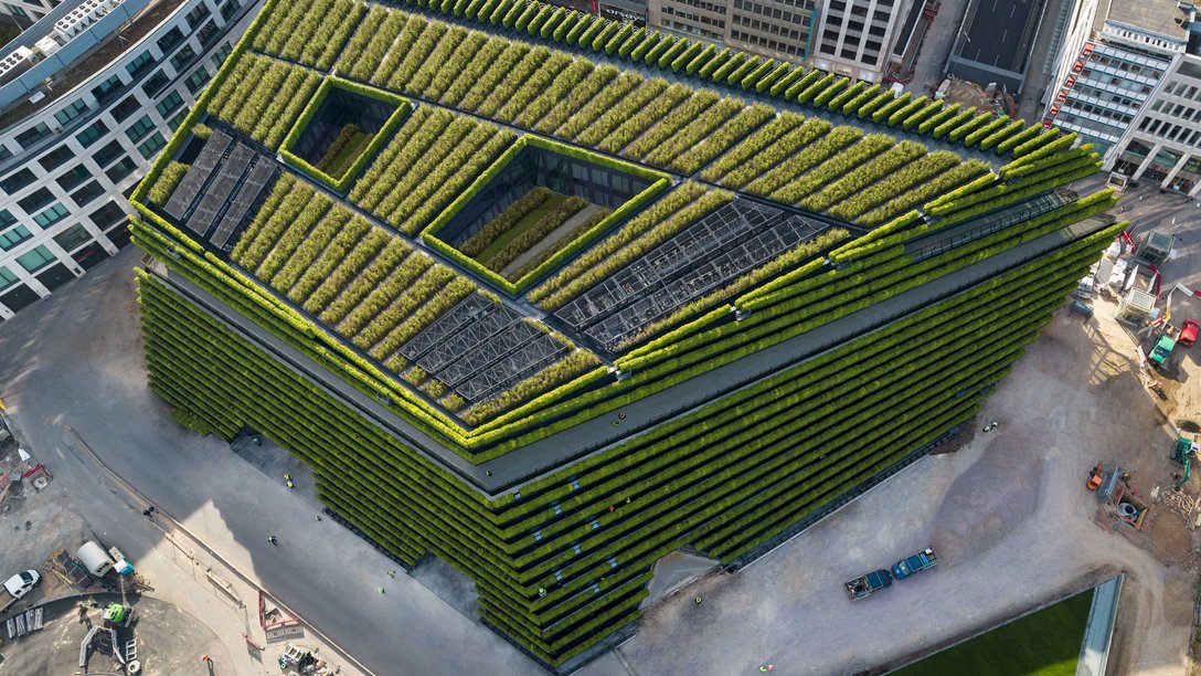 Aerial view of KÖ-Bogen II with the green facade in Dusseldorf, Germany