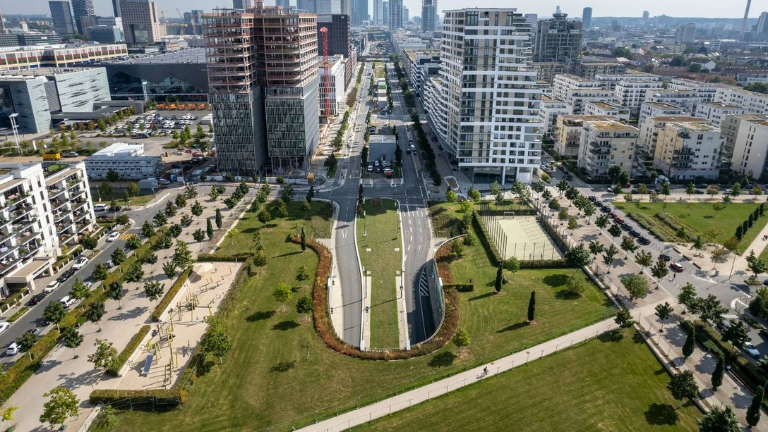 Aerial view of the ramp, extension of the U5 underground line, Frankfurt/Main, German