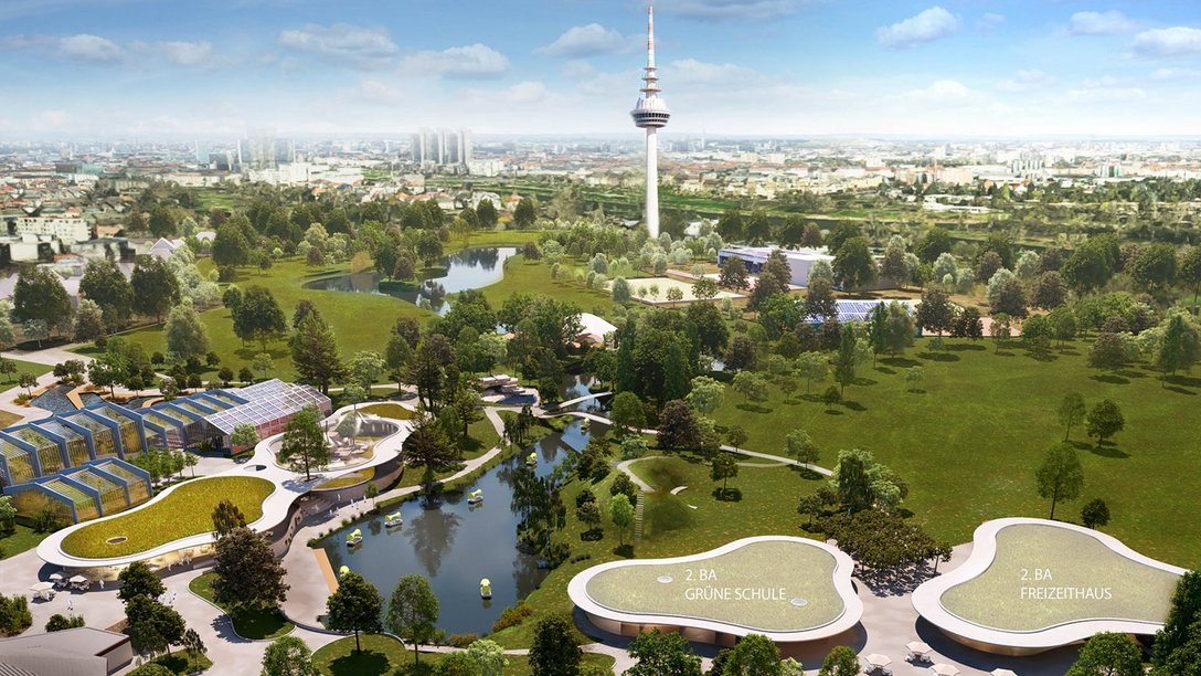 Visualization of a panoramic view of the new park centre of Luisenpark in Mannheim, Germany