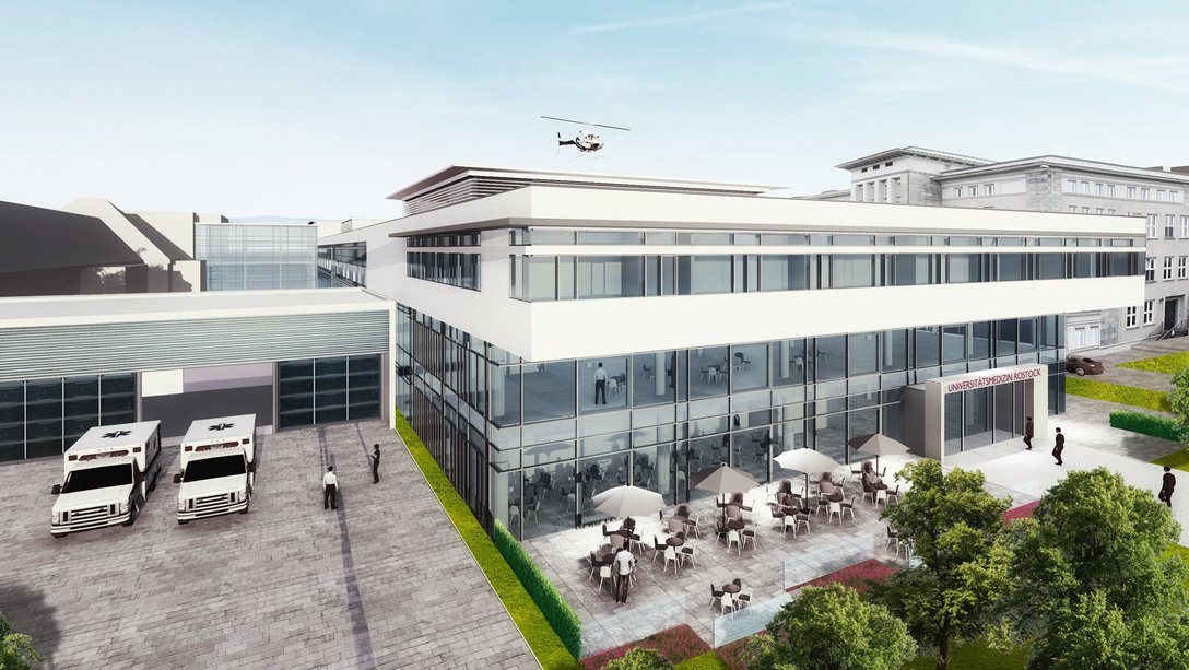 Visualization of the new construction of the central Medical Function of the University Medical Centre Rostock, Rostock, Germany