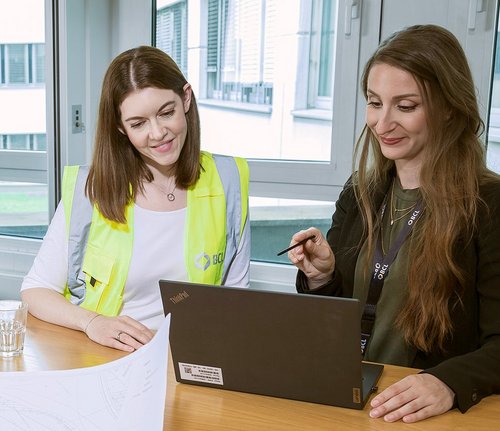 BCL employees working on a laptop
